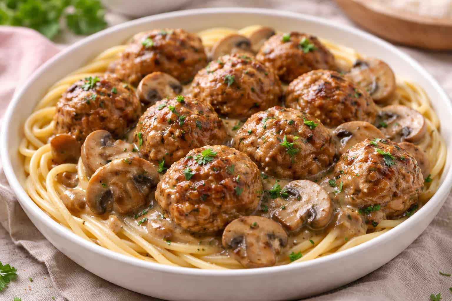 Albóndigas Marsala con pasta al estilo italoamericano