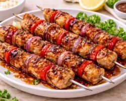 Brochetas de cerdo agridulce a la parrilla, jugosas y llenas de sabor