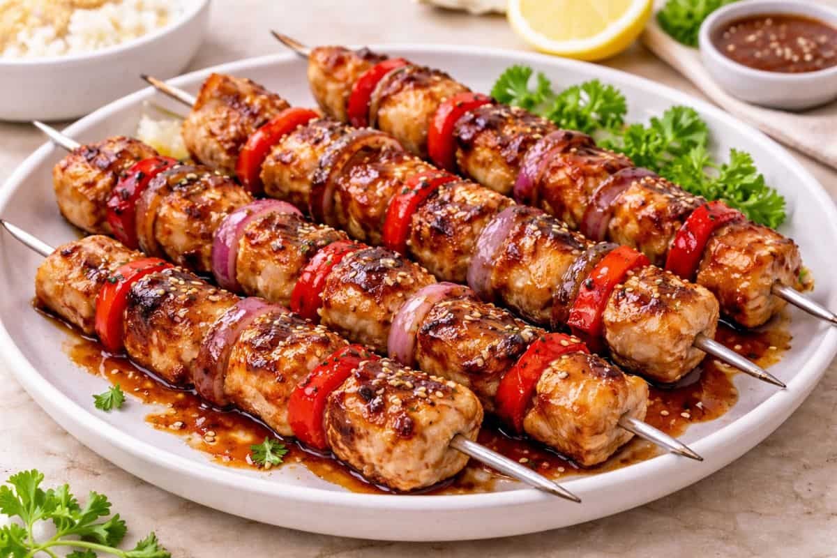 Brochetas de cerdo agridulce a la parrilla, jugosas y llenas de sabor