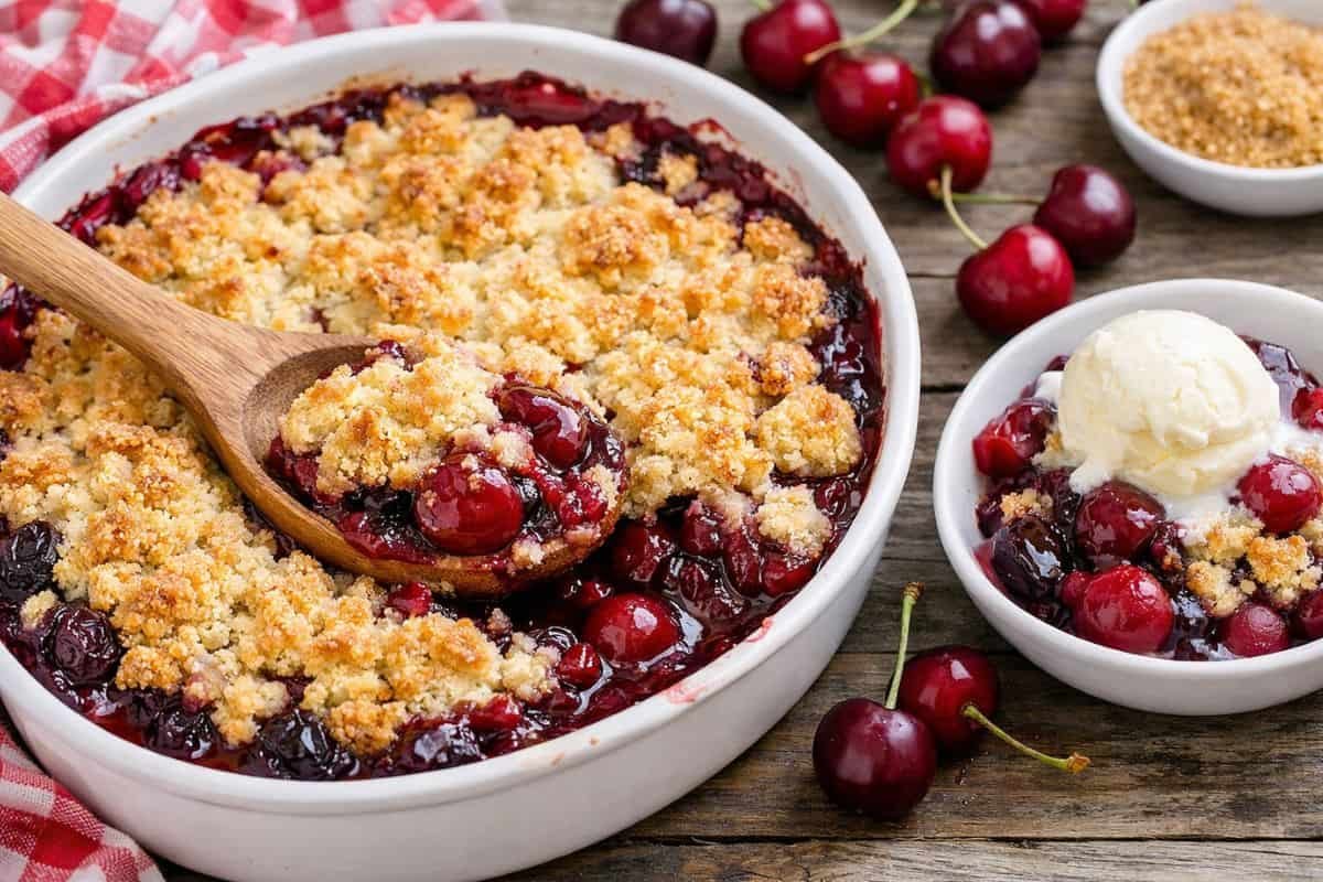 Cobbler de cerezas casero con cobertura crujiente