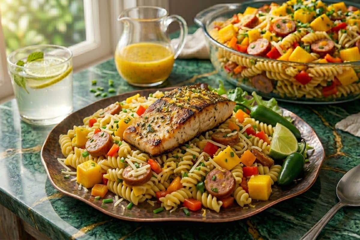Ensalada tropical de pasta con mango y vinagreta cítrica