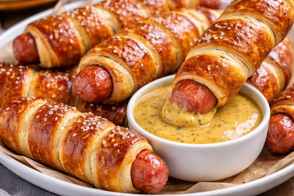 Hot dogs envueltos en masa de pretzel al horno