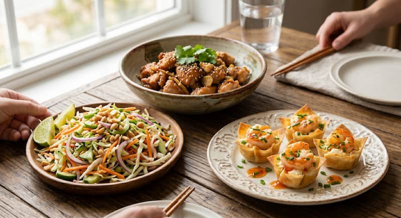 Opciones para servir y acompañar wontons de camarones
