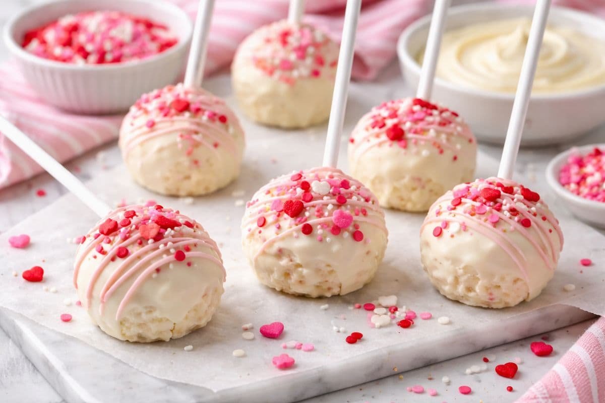 Paletas de Rice Krispies con chocolate blanco