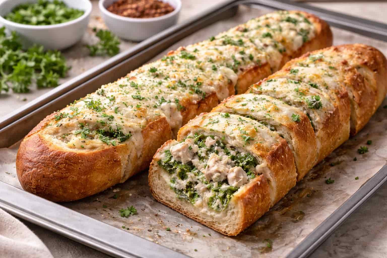 Pan Alfredo de pollo relleno fácil al horno