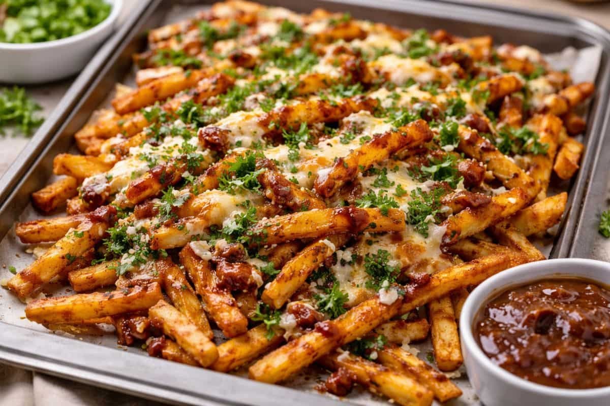 Papas fritas con queso y chipotle al horno