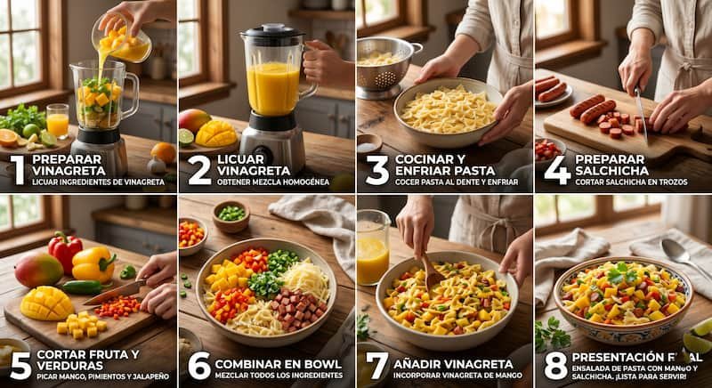Preparación paso a paso ensalada tropical pasta y mango