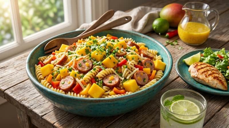 Qué servir junto a este plato ensalada tropical de mango y pasta