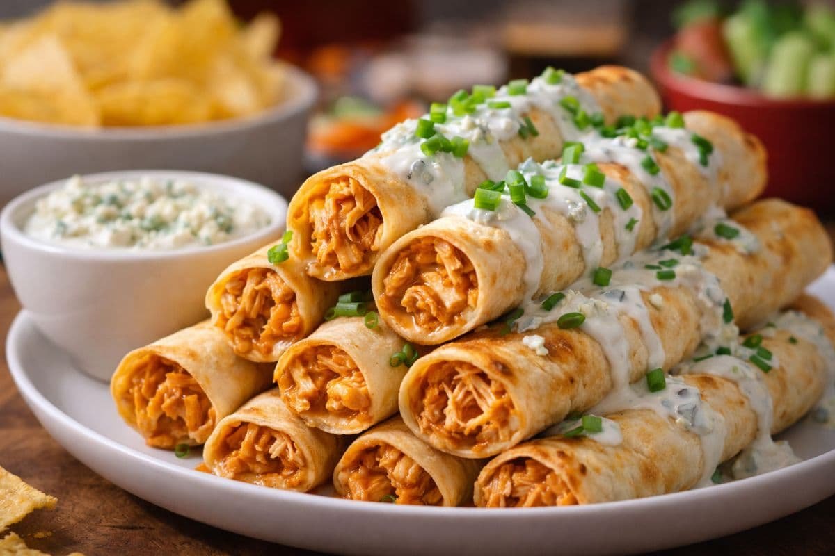 Taquitos de pollo búfalo al horno con dip de queso azul