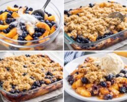 Tarta casera de duraznos y arándanos con cobertura crujiente