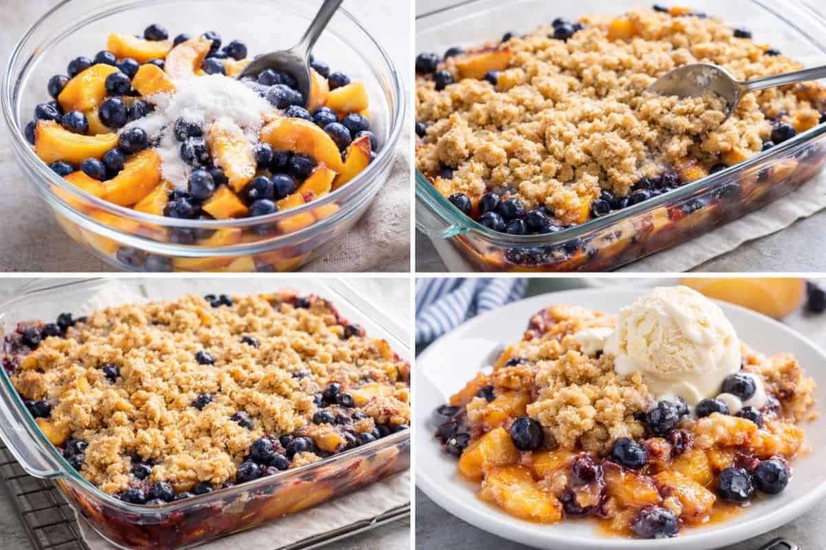 Tarta casera de duraznos y arándanos con cobertura crujiente