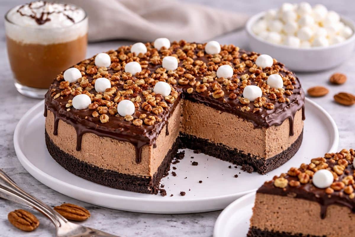 Tarta de queso con chocolate y cobertura de chocolate